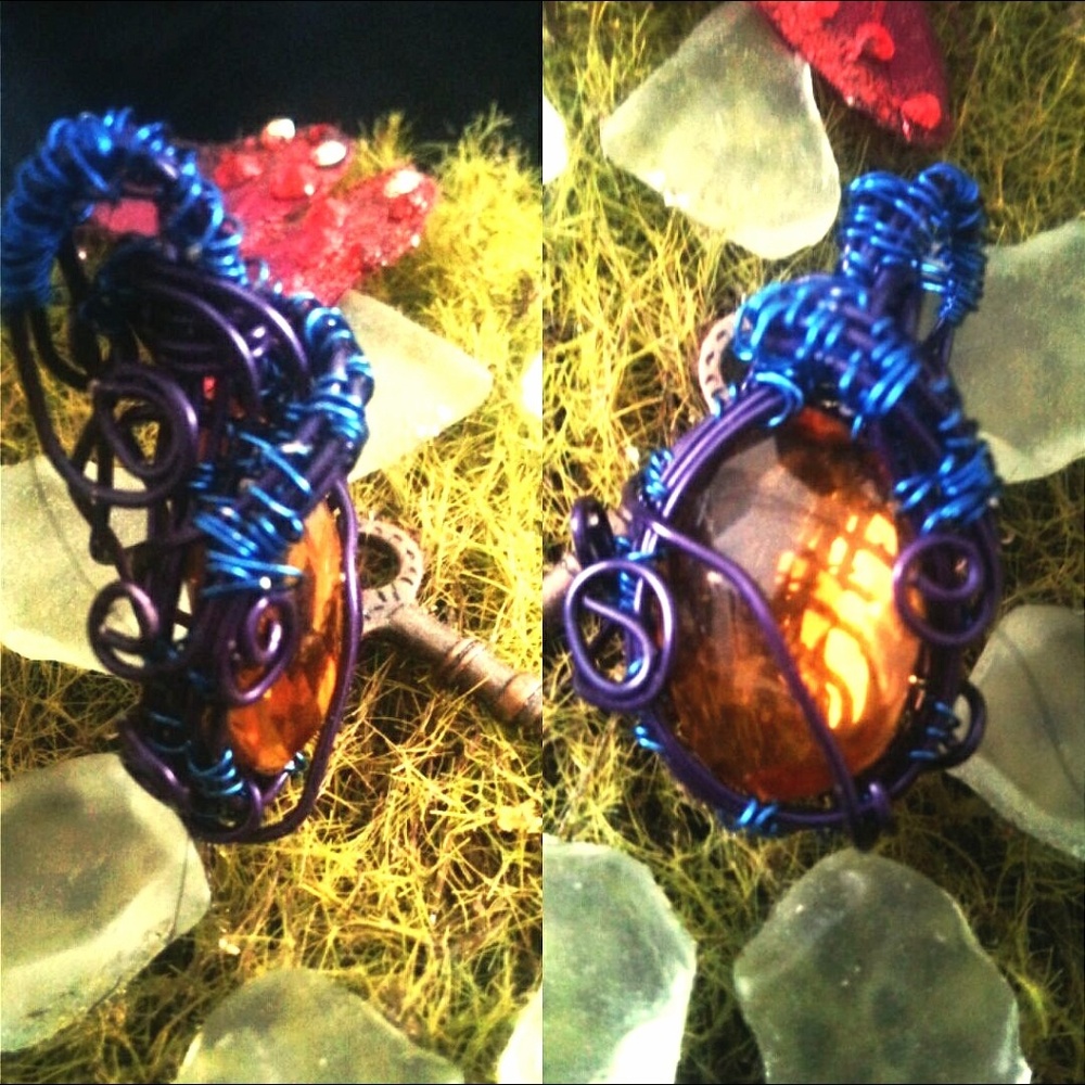 Purple & blue wire wrapped Citrine handmade pendan